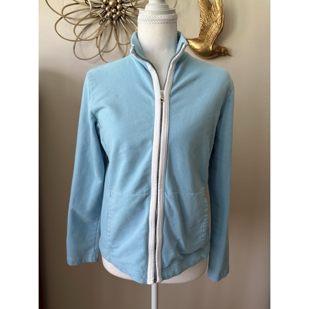 Ann‎ Taylor LOFT Aqua Blue Zip Up Jacket Medium Cotton Stretch Mock Neck Pockets